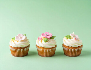 Three Delicious Cupcakes With White Buttercream Frosting And Beautiful Pink Sugar Flower Toppers. Sweet Dessert Food, Pastel Green Background, Bakery Confectionery
