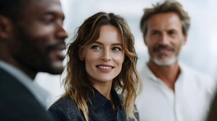A diverse group of smiling professionals in a bright office engaged in collaborative discussion