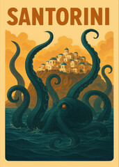 Vintage Style Travel Poster Of A Giant Kraken Octopus Rising From The Aegean Sea Towards Santorini Island. Greek Destination Art, Mythological Monster, Sci Fi Attack