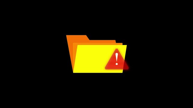 File folder with red warning alert icon on black background, data error, corrupted file, system issue, cyber security risk, digital storage problem, computer alert and caution