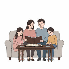 Flat Style Family Reading Book on Sofa Cozy Home Scene Illustration
