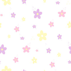 Seamless pattern with cute pastel flowers in yellow, pink, and purple on white background, perfect for fabric, wrapping, and decor.
