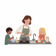 Fototapeta premium Flat Style Family Cooking Together in Kitchen Scene Illustration