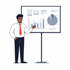 Flat Style Financial Data Presentation on Whiteboard by Confident Businessman