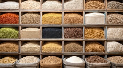 Storage facility for grain products warehouse photography indoor close-up food preservation isolated on ultra quality image 8k resilution pastel background