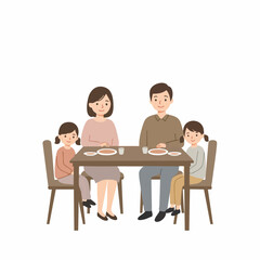 Flat Illustration Happy Family Eating Meal Together At Dining Table