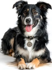 Fototapeta premium A beautiful border collie with a playful expression poses indoors while lying down on a white background.