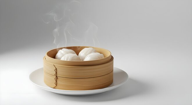 Authentic Chinese dim sum basket with dumplings, steam escaping, delicate plating, side view, elegant white backdrop."