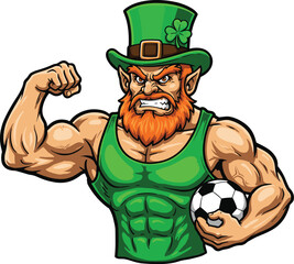 Strong muscular leprechaun flexing arm with soccer ball, cartoon mascot character, Irish sports illustration, St Patrick’s Day, fitness and football vector