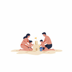 Fototapeta premium Minimalist Flat Illustration Happy Family Building Sandcastle on Beach Scene