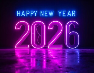 Happy New Year 2026 Neon Sign with Purple and Blue Glow

