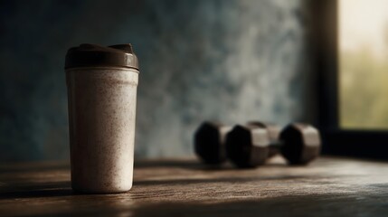 Naklejka premium A protein shaker bottle and dumbbells sit on a wooden table representing a healthy fitness lifestyle