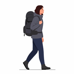 Flat Graphic Illustration Woman with Backpack Hiking and Walking Outdoor