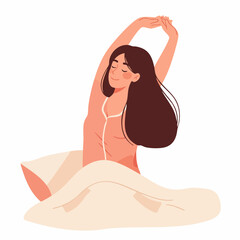 Flat Illustration Young Woman Stretching Waking Up in Bed Bedroom © cantik