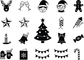 Christmas icons, festive holiday symbols, reindeer, elf, Christmas tree, gingerbread man, star, bell, candle, candy cane, fireworks
