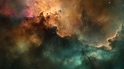 Obraz premium Vast clouds of interstellar dust, now illuminated from within by the newborn stars, swirl in a graceful, slow-motion ballet. Colors blend in a watercolor-like haze—magenta, teal, and amber—creating a