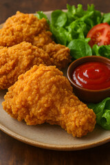 Close up of crispy fried chicken with tomato sauce and fresh vegetables
