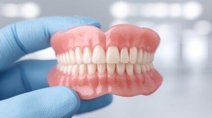 Fototapeta premium Realistic dental model showcasing a set of human teeth held by a gloved hand in a bright and sterile dental environment for educational purposes
