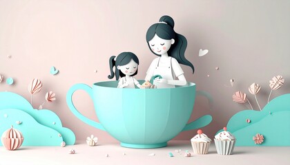 Charming paper-cut style illustration of mom and daughter decorating cupcakes inside a giant teacup, symbolizing family love, bonding, joy, and togetherness.