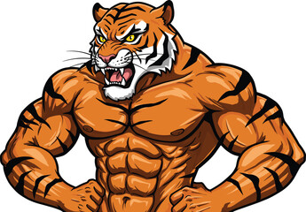 Strong muscular tiger mascot illustration with fierce expression, powerful bodybuilder animal vector design, aggressive wild cat artwork for sports, fitness, gaming logo