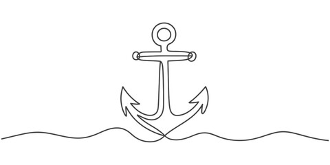 Elegant continuous line drawing vector illustration of a nautical anchor and waves vector