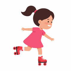 Cute Cartoon Style Little Girl Roller Skating Outdoor Activity Illustration
