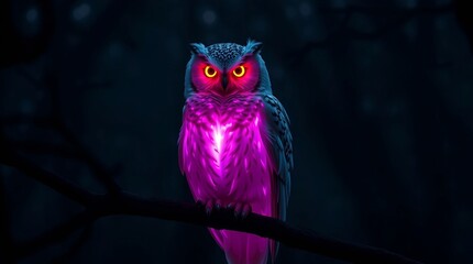 an owl perched on a dark tree branch emits an intense neon magenta and purple light from its chest to its belly.