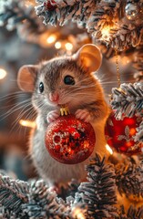 Adorable small mouse in festive outfit hanging decorations on Christmas tree while holding shiny ornament