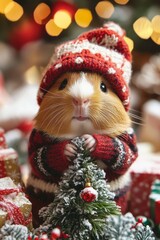 Adorable small guinea pig wearing festive ugly sweater and hat while decorating miniature Christmas tree in holiday background