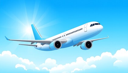 Obraz premium Airplane soaring through a bright blue sky with fluffy clouds