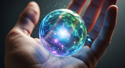 Hand holding a glowing orb of cosmic energy and magical light