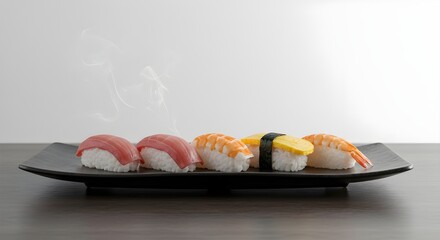 "A Japanese sushi platter with sashimi and nigiri, glossy textures, steam from freshly cooked rice, minimalist side angle, white background."