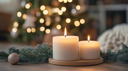 Burning Christmas Candle Illuminating Dark Room with Decorated Fir Tree