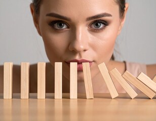 Focused Woman Preventing a Chain Reaction in a Falling Line of Wooden Dominoes

