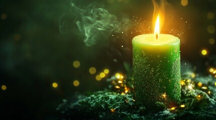 Burning Green Advent Candle with Festive Christmas Decorations and Magical Golden Lights on Holiday Background Banner
