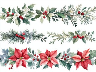 Christmas Border Set Featuring Watercolor Winter Greens Poinsettia Flowers Holly Berries Fir Branches Eucalyptus