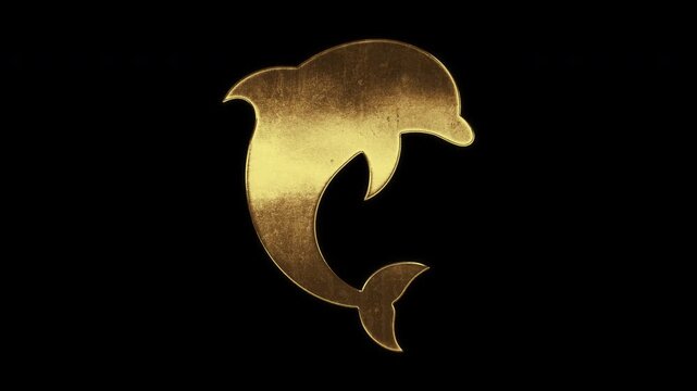 Dolphin with slightly reflected outlines on a gold foil-like surface, loop, alpha channel

