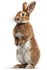 Obraz premium Brown rabbit standing upright on hind legs against a white background