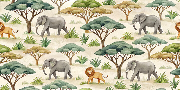 Wildlife Elephant and Lion Seamless Pattern, Safari October Events Theme