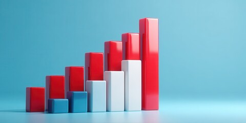 3d rendering of red rising bar graph over isolated on ultra quality image 8k resilution white blue pastel background with copy space