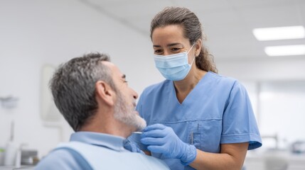 Fototapeta premium Dentist provides gentle care to patient in modern dental clinic with bright interior lighting and professional staff focused on oral health and comfort