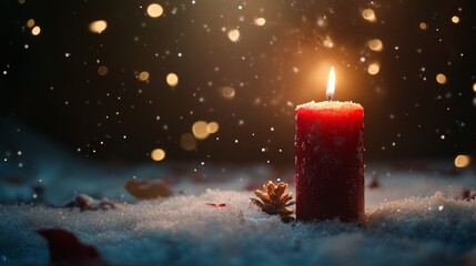 Dark Christmas Background with Red Advent Candle Snow Decorations and Magical Lights