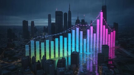 Cityscape Data Visualization: A vibrant data visualization overlays a city skyline, transforming the urban landscape into a dynamic hub of information and technology. - Powered by Adobe