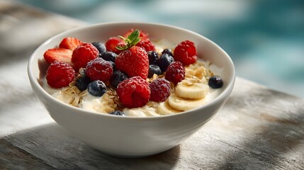 A vibrant breakfast bowl brimming with fresh berries banana slices and oats set against a bright blurred outdoor backdrop