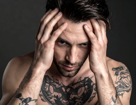 Shirtless man with tattoos, hands on head, intense gaze