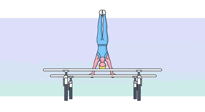 A gymnast performing a handstand on parallel bars, showcasing strength and balance.