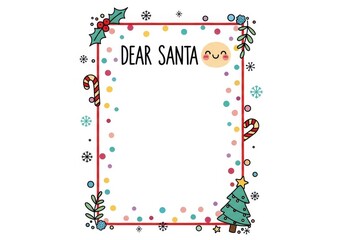 Cute Dear Santa letter template with Christmas decorations and colorful polka dots image