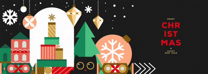 Christmas holiday flat poster or banner with funny cat, Christmas tree, gift box, baubles, and snowflakes. Christmas greeting card design. Vector illustration
