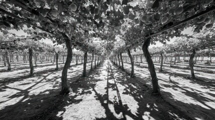 Serene greyscale view of a grape arbor with long shadows cast on the ground