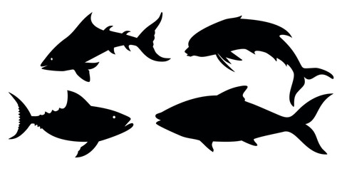 Vector Silhouette Set of Fish Goldfish Tuna and Dolphin Jumping
